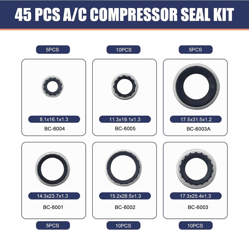 DYEKNEE 45 PCS Air Conditioner Compressor Port Seal Gasket Kit, Gasket Bonded Seal Assortment, Cooling Pump Sealing Gasket, Universal Automotive Self-Centered Washers (Black) - Image 2